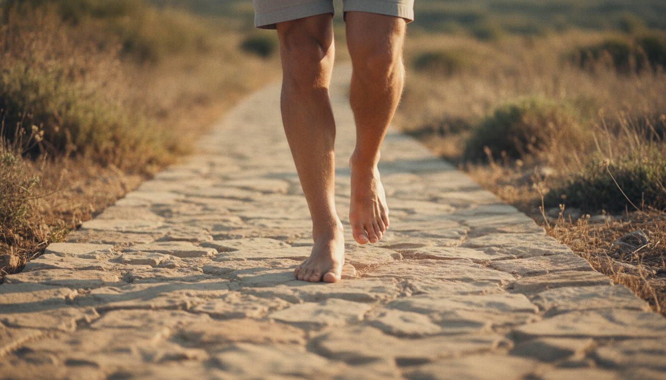 Pies masculinos caminando descalzos por un sendero de piedra cálida entre matorral mediterráneo con luz dorada de tarde.
