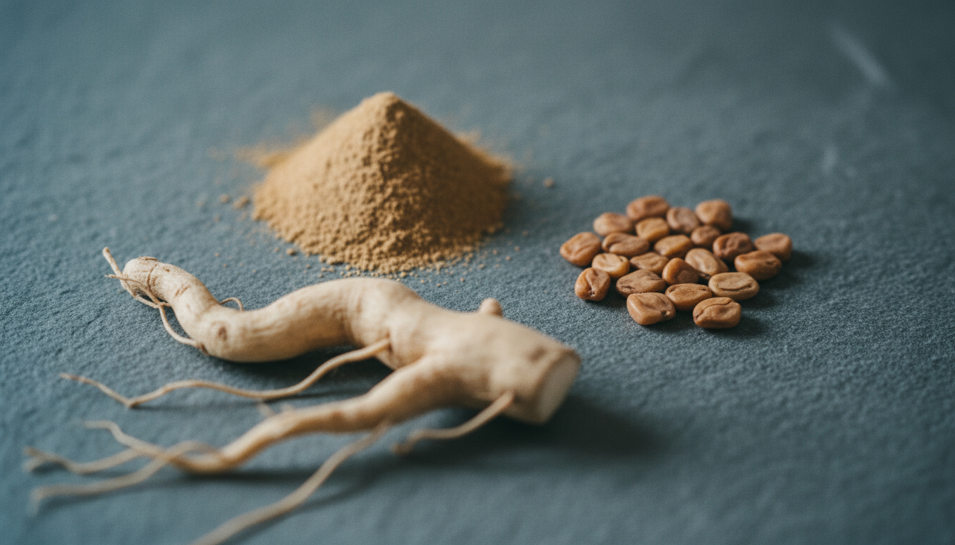 Ashwagandha root, maca powder and fenugreek seeds on a cool slate stone surface in soft natural light.