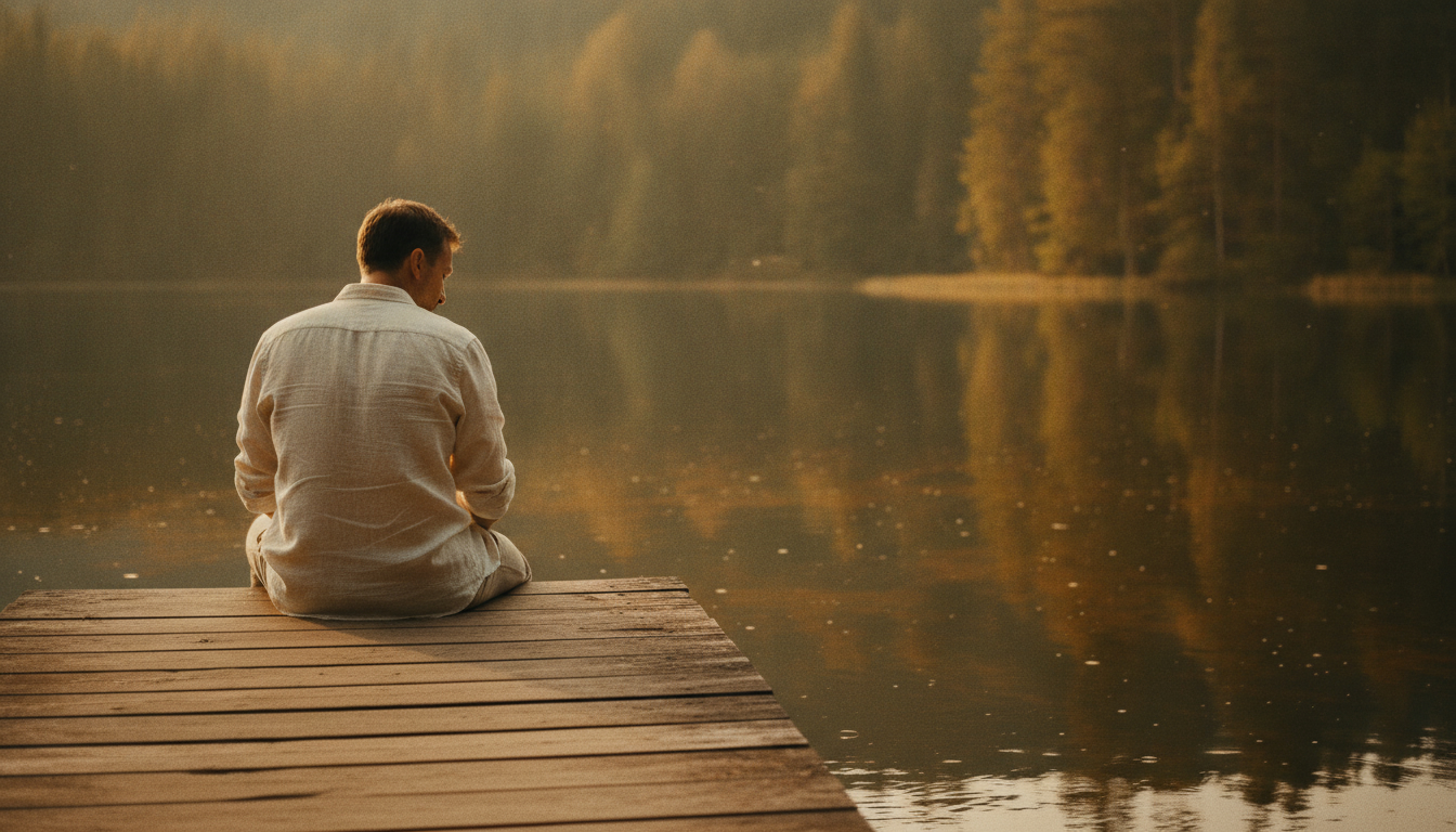 Man sitting alone on a wooden dock at a calm forest lake during golden hour, viewed from behind in warm amber light.