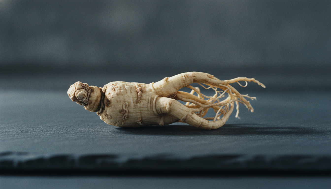 Raíz seca de ginseng Panax sobre piedra oscura, luz natural lateral, fondo desenfocado en gris carbón