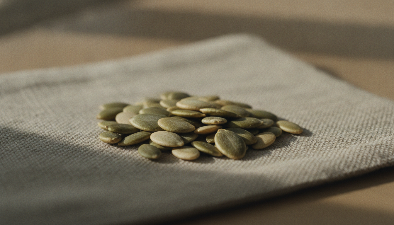 Close-up of raw pumpkin seeds on rough linen, warm side-light, shallow focus, cinematic grain, olive and stone tones